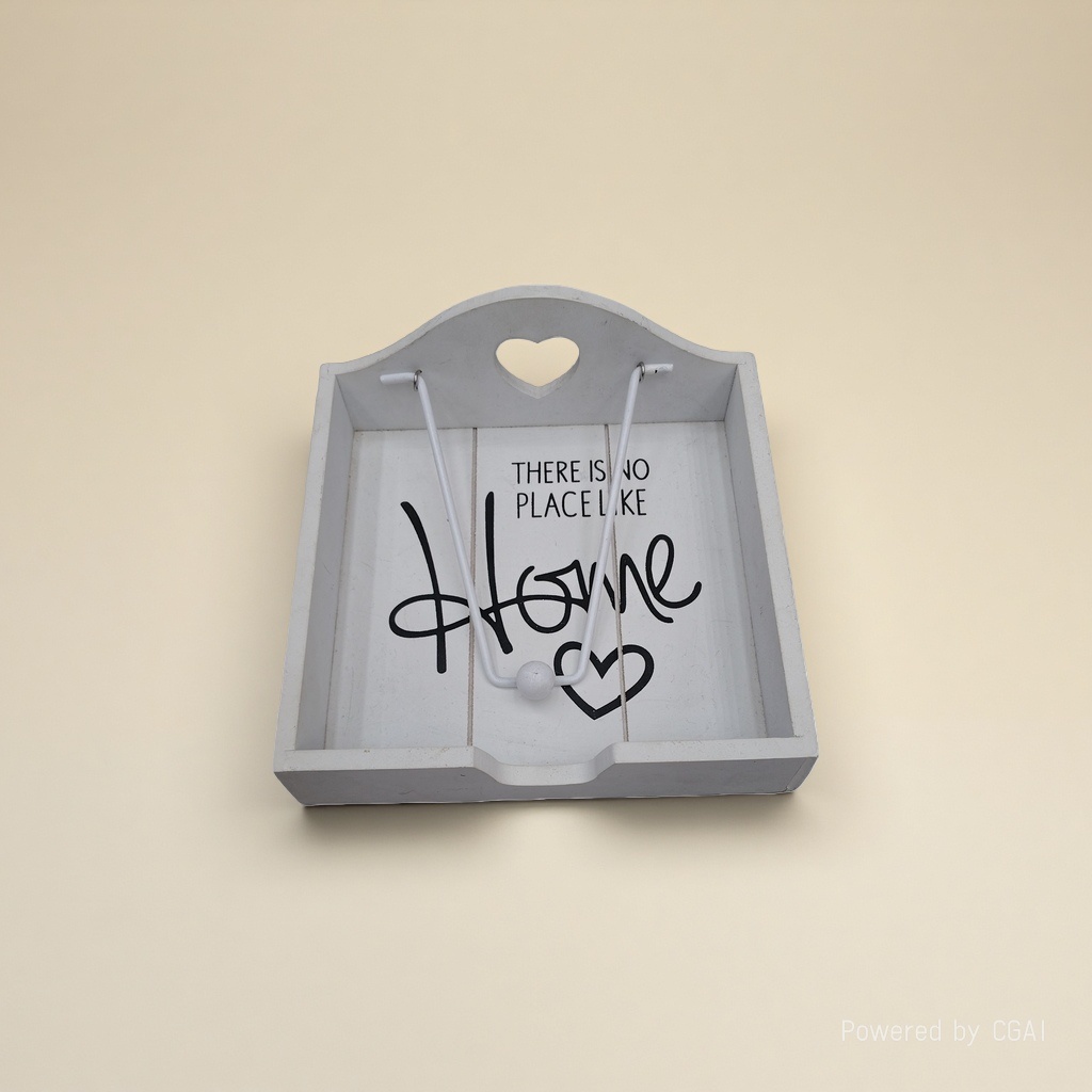 A white wooden heart-shaped hollowed-out decorative tray with the word "HOME", a metal stand, a gourd, an ice cream stick, and wooden ornaments