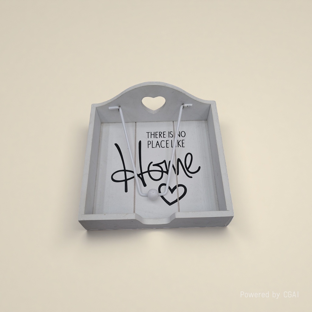 A white wooden heart-shaped hollowed-out decorative tray with the word "HOME", a metal stand, a gourd, an ice cream stick, and wooden ornaments details Picture