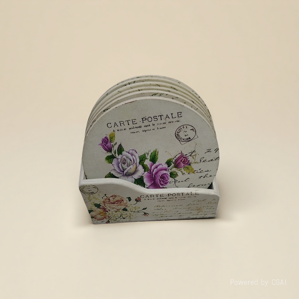 Retro stamp pattern coaster stand with postmark design and wooden desktop details Picture