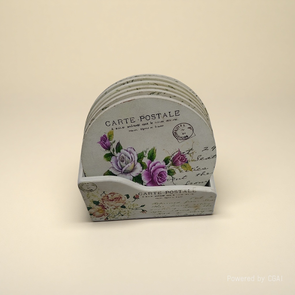 Retro stamp pattern coaster stand with postmark design and wooden desktop Specification image
