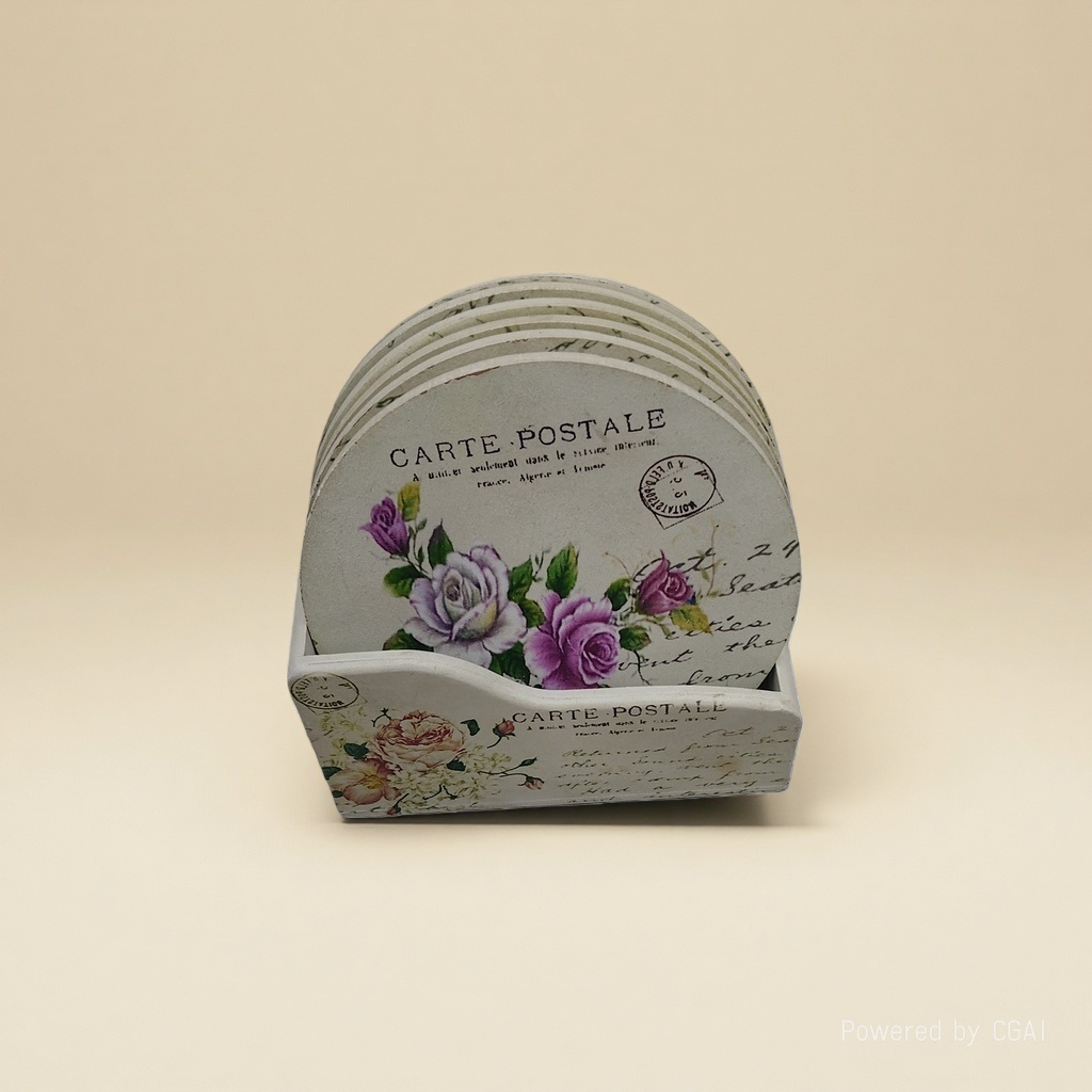 Retro stamp pattern coaster stand with postmark design and wooden desktop