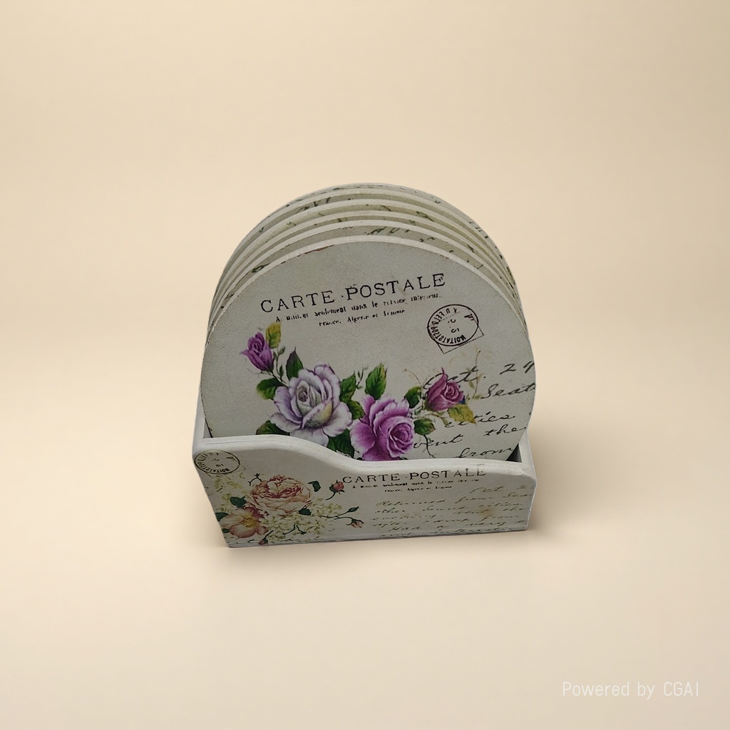 Retro stamp pattern coaster stand with postmark design and wooden desktop Application Scenario