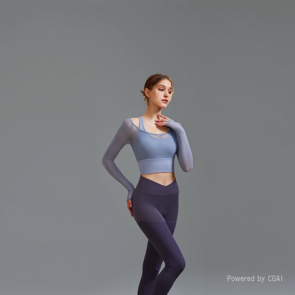 Two light blue mesh fake sport tops and purple high-waisted yoga pants women's slimming quick-drying sweat-inducing set Application Scenario