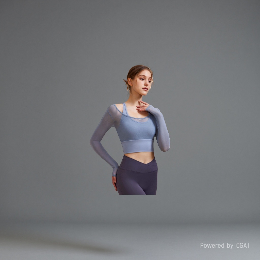 Two light blue mesh fake sport tops and purple high-waisted yoga pants women's slimming quick-drying sweat-inducing set details Picture