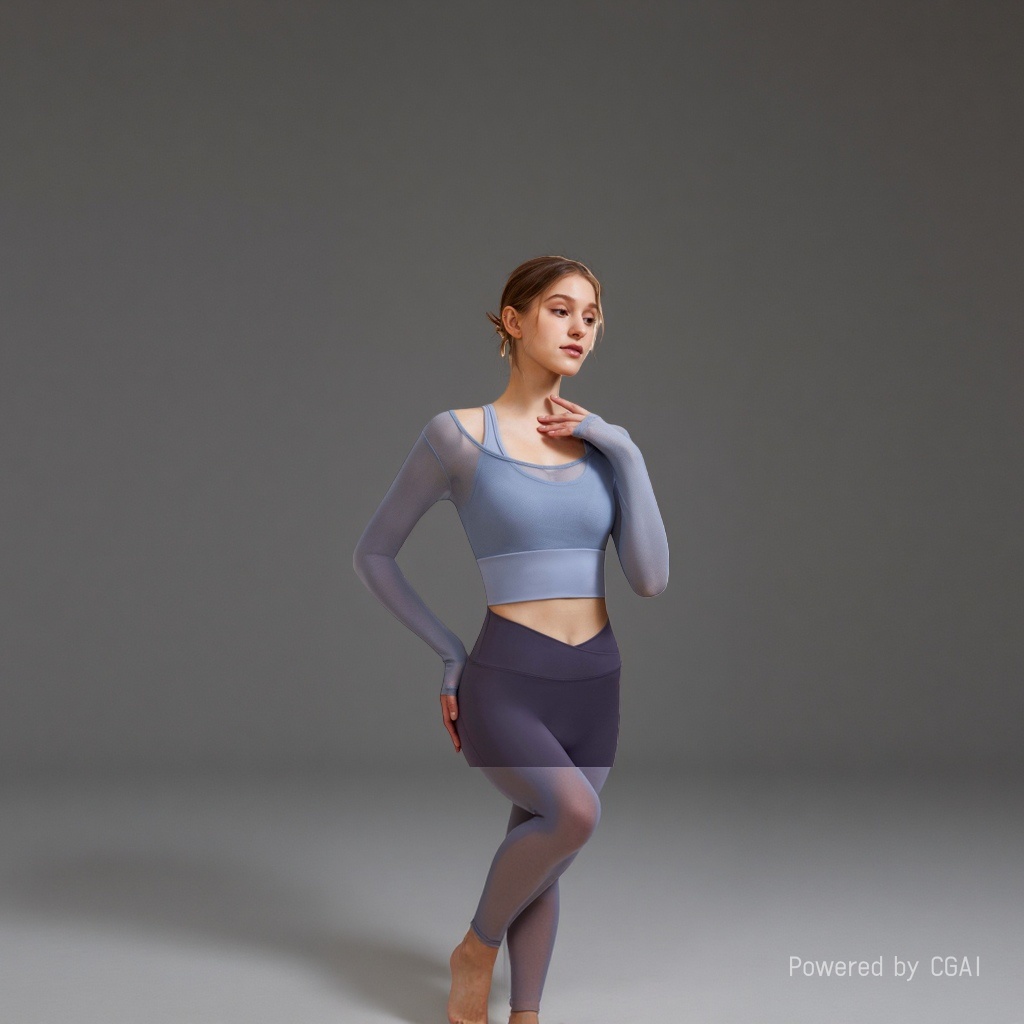 Two light blue mesh fake sport tops and purple high-waisted yoga pants women's slimming quick-drying sweat-inducing set