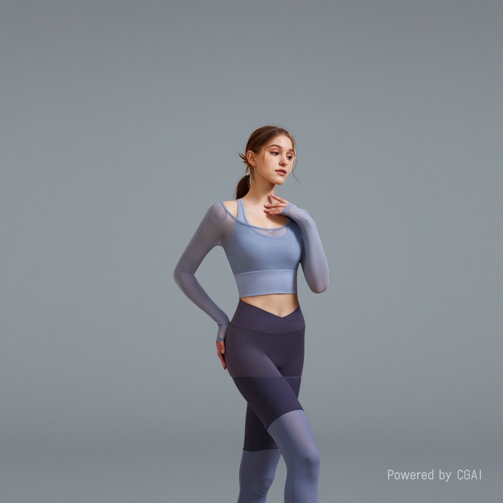 Two light blue mesh fake sport tops and purple high-waisted yoga pants women's slimming quick-drying sweat-inducing set Specification image
