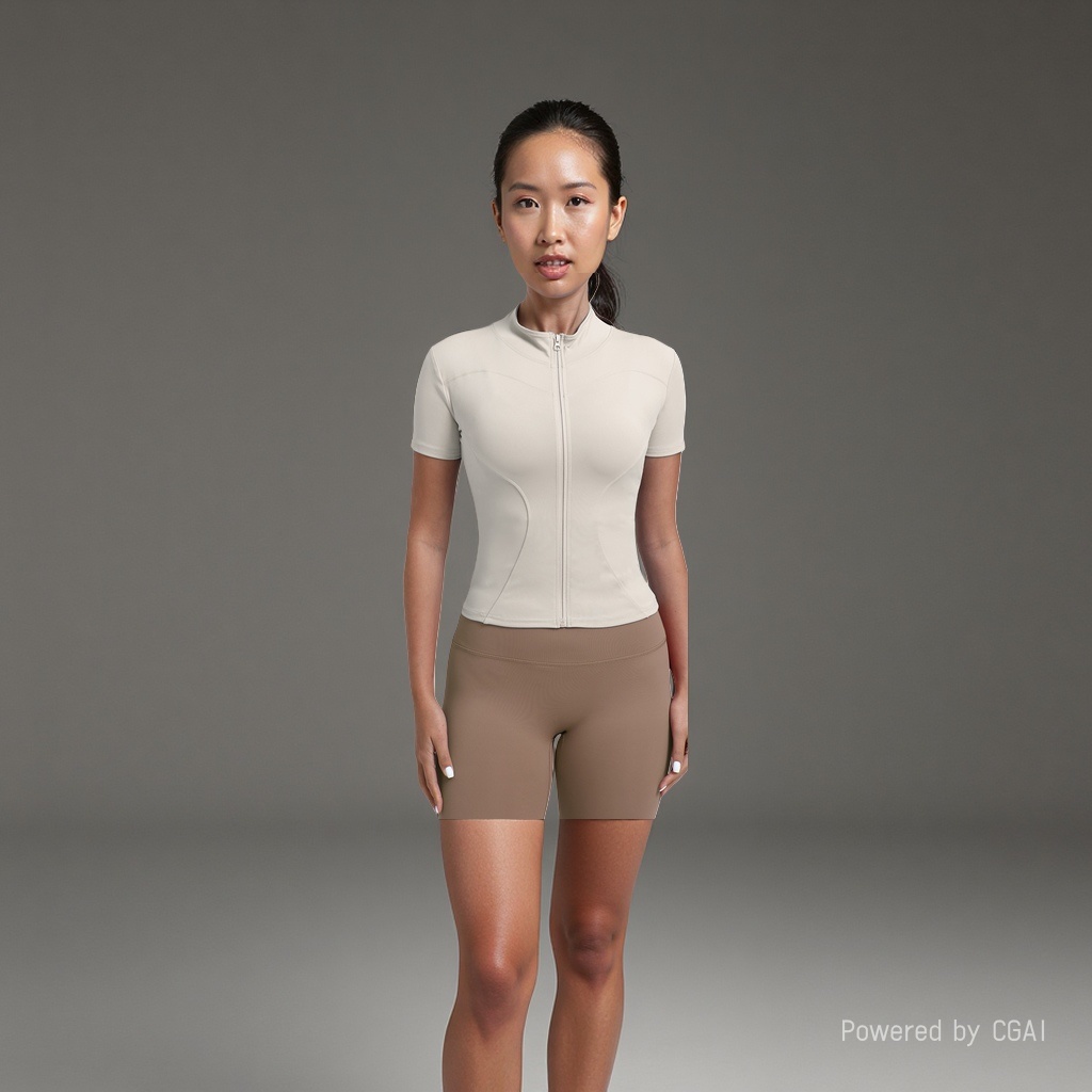 A men's sportswear and casual suit with a beige zipper short-sleeved top and brown skinny pants