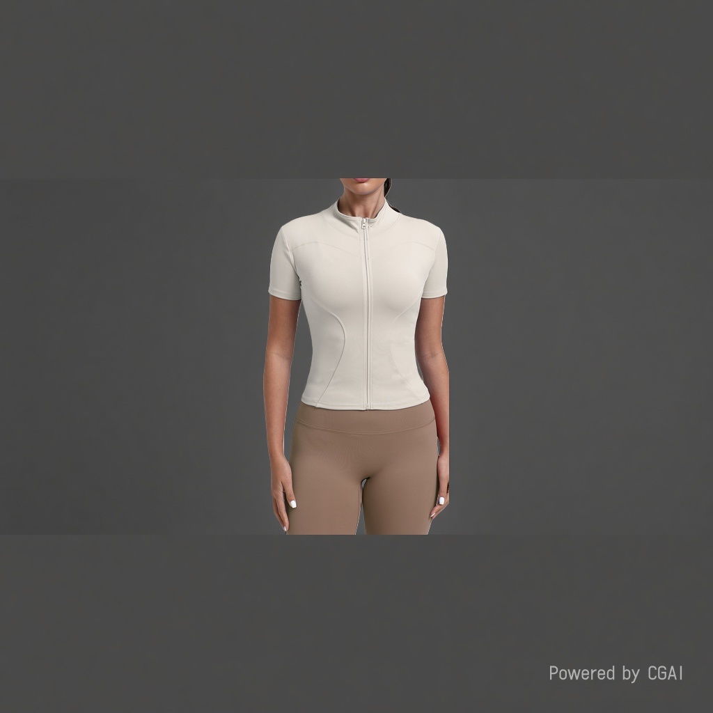 A men's sportswear and casual suit with a beige zipper short-sleeved top and brown skinny pants Specification image
