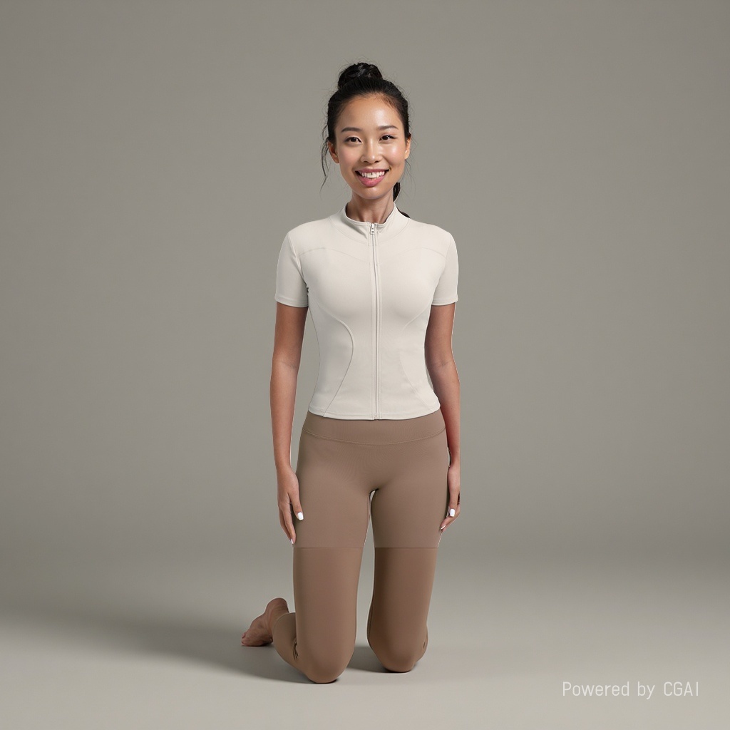 A men's sportswear and casual suit with a beige zipper short-sleeved top and brown skinny pants Application Scenario
