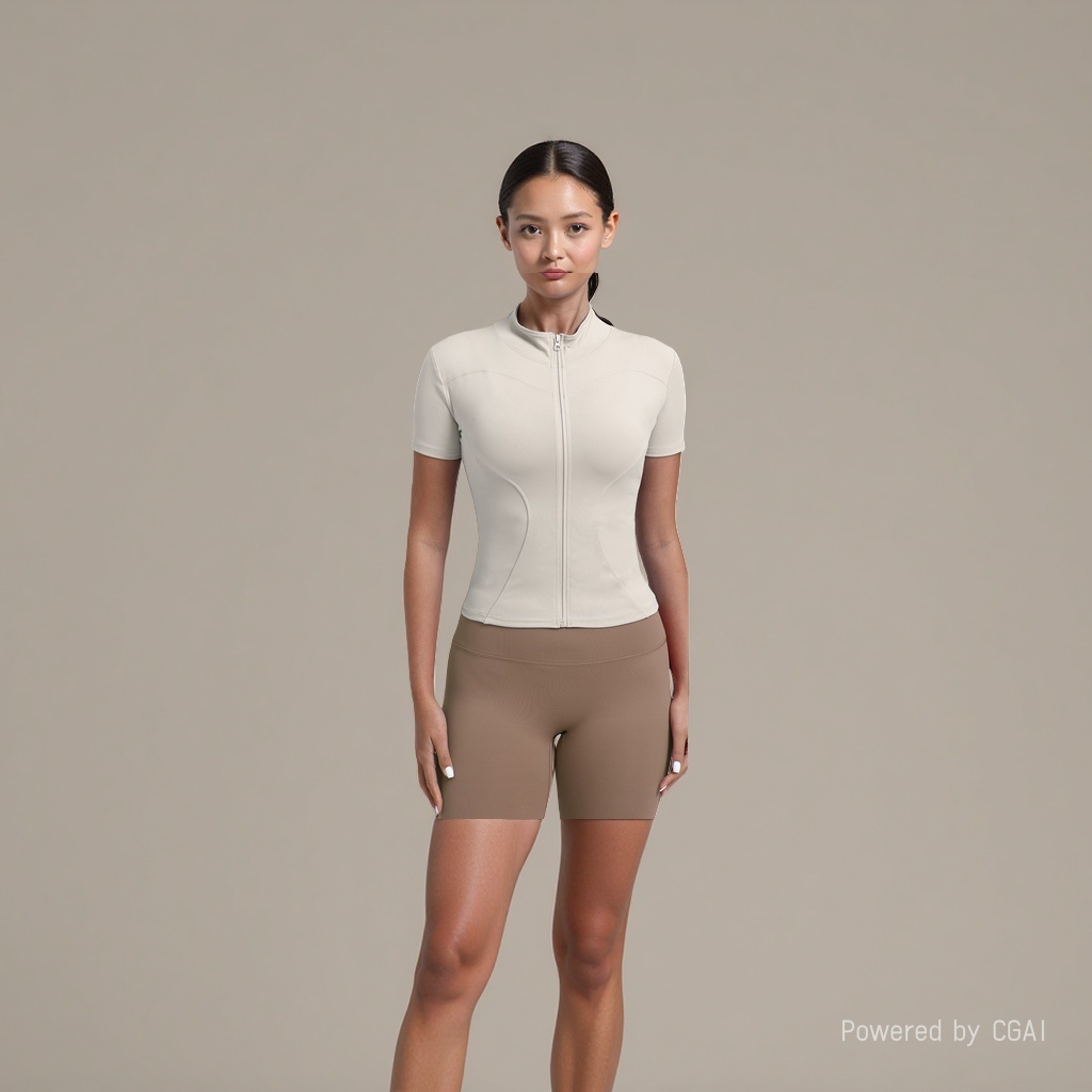 A men's sportswear and casual suit with a beige zipper short-sleeved top and brown skinny pants details Picture