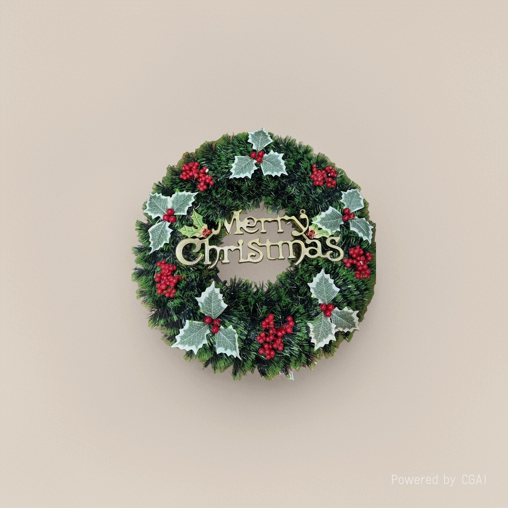 绿色圣诞花环带金色Merry Christmas红色浆果银边冬青叶装饰