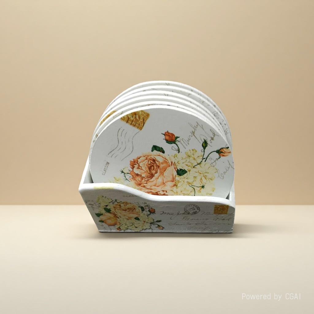 A set of coasters with a white floral stamp pattern