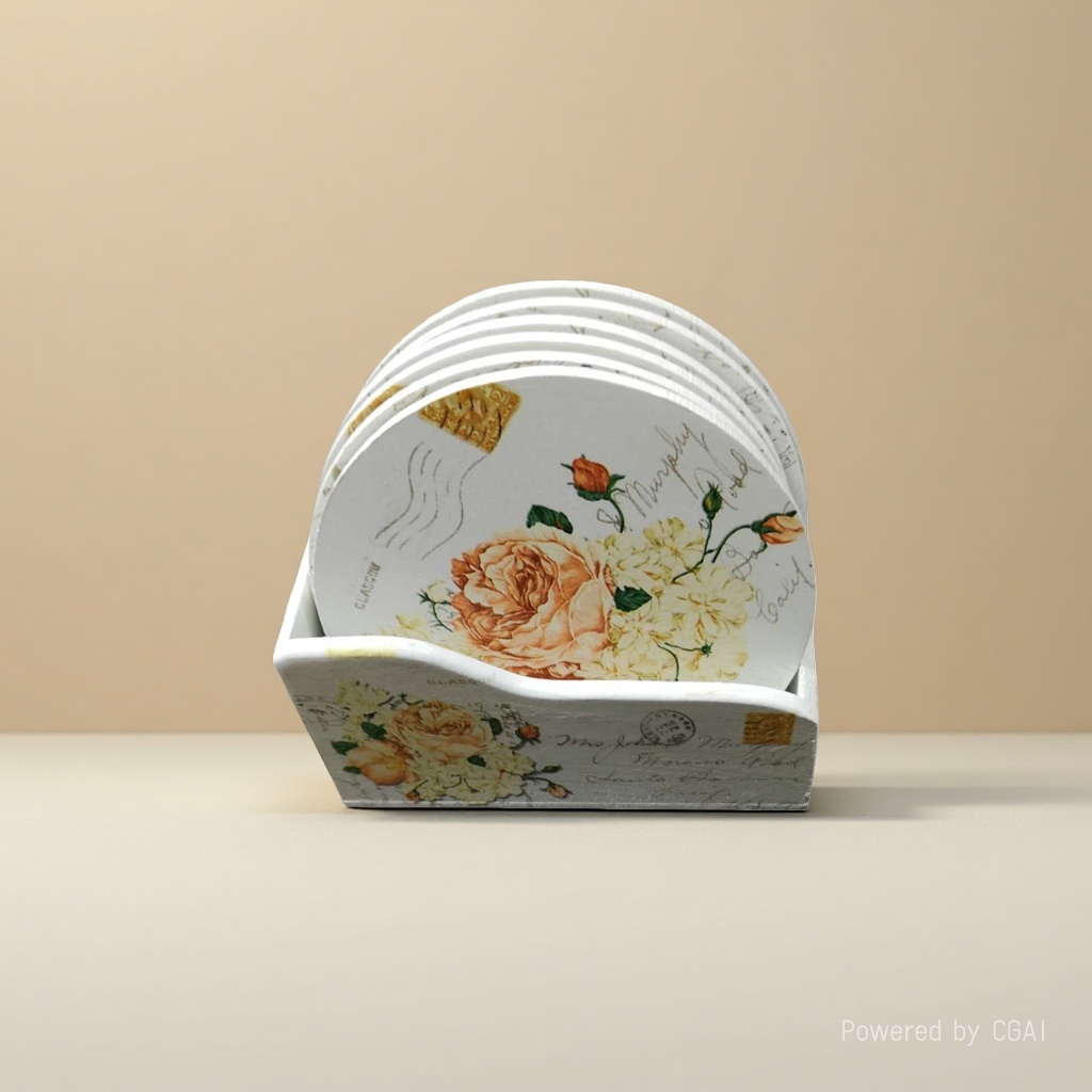 A set of coasters with a white floral stamp pattern Application Scenario