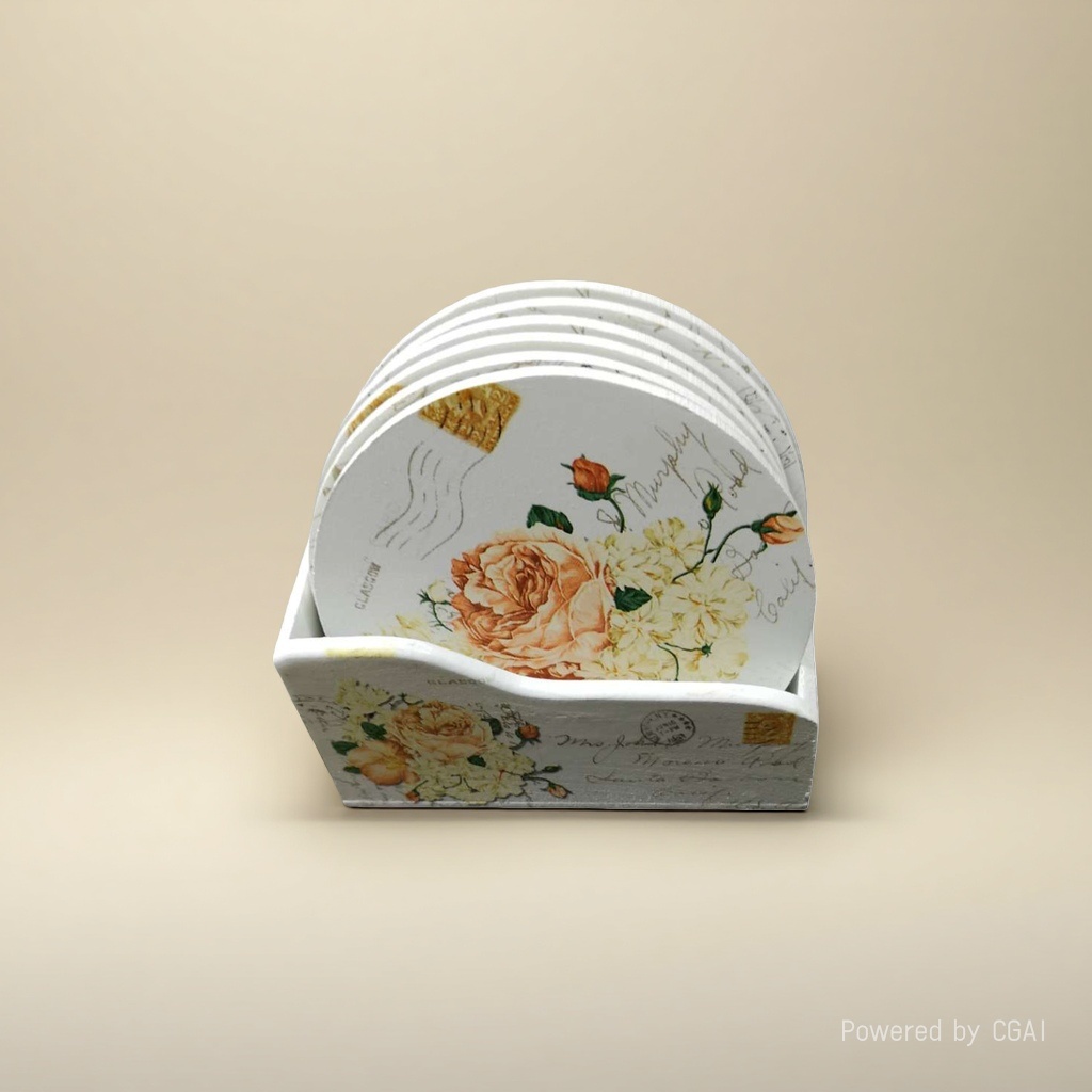 A set of coasters with a white floral stamp pattern Specification image