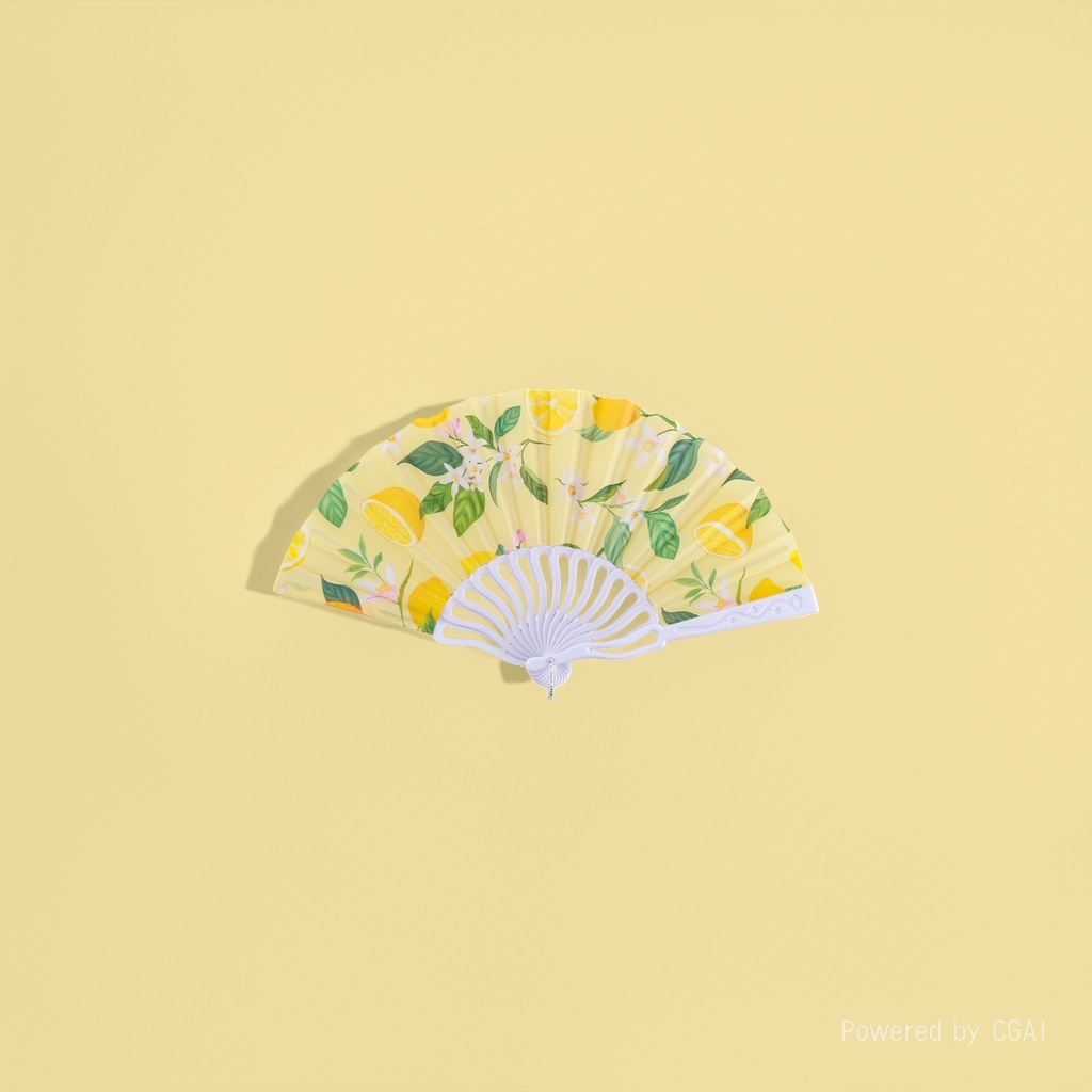 黄色柠檬花卉图案工艺折扇 木柄花布团扇 折叠广告扇