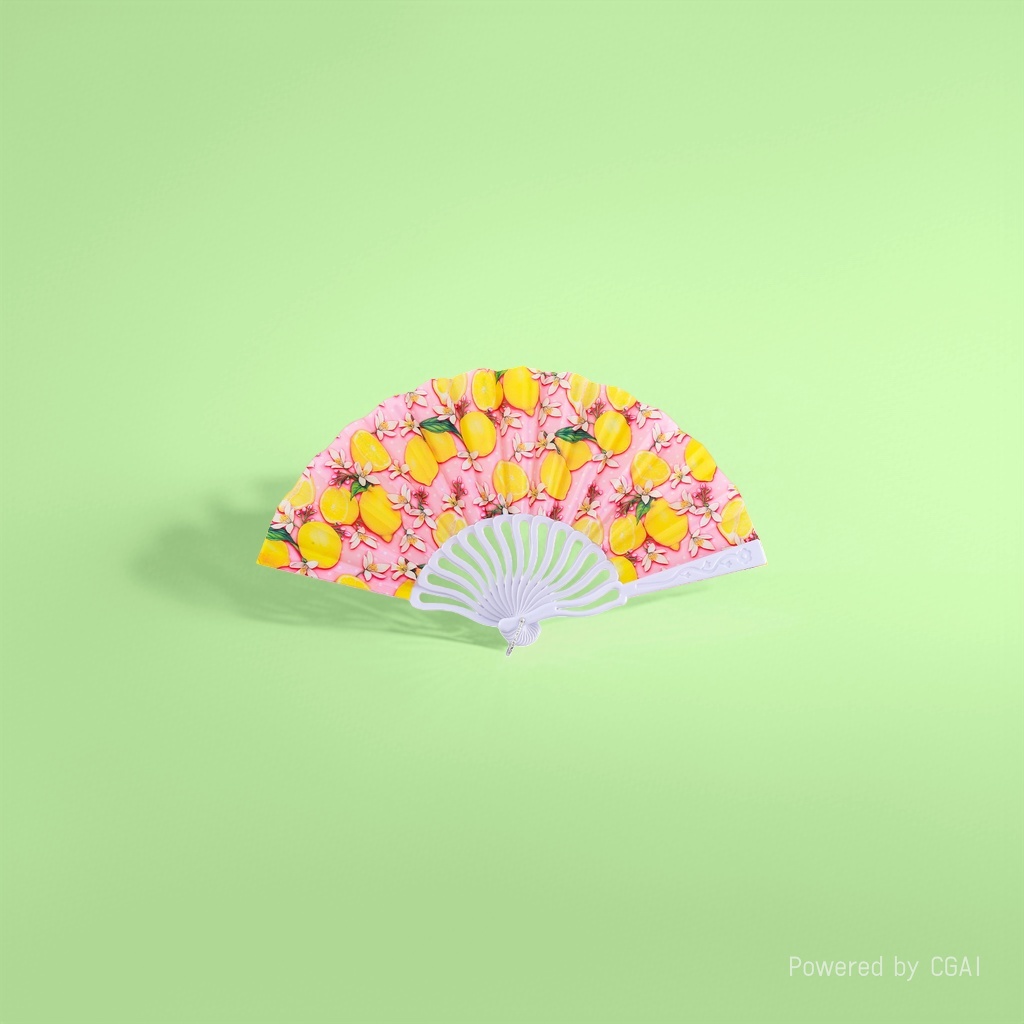 粉色柠檬花卉图案工艺折扇 木柄花布团扇 折叠广告扇