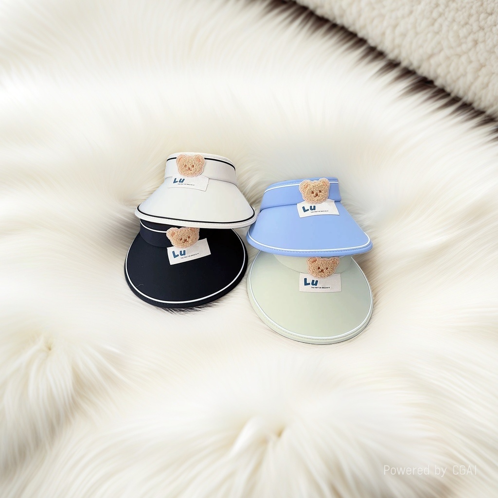 Adult colorful sunshade baseball cap, sun-protective baseball cap, denim cap, white, black, blue, light green four-color plush bear decoration, Lu label details Picture