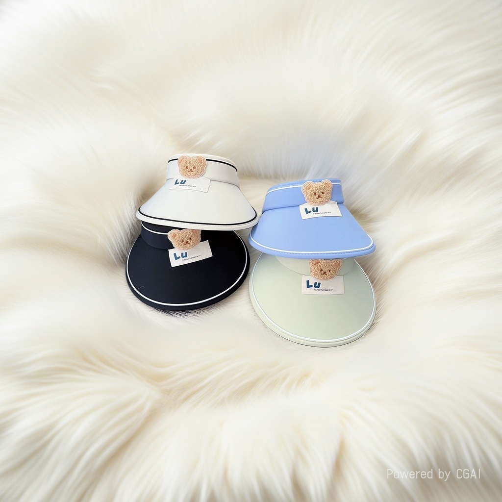 Adult colorful sunshade baseball cap, sun-protective baseball cap, denim cap, white, black, blue, light green four-color plush bear decoration, Lu label Specification image