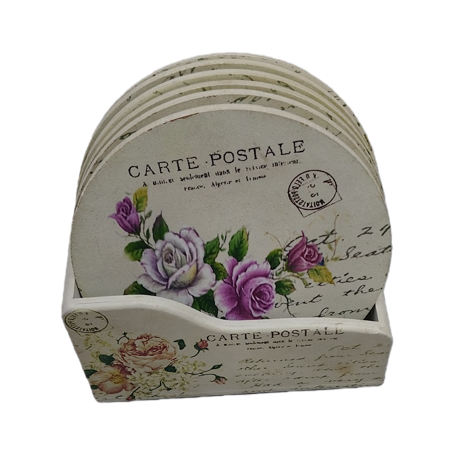 Retro stamp pattern coaster stand with postmark design and wooden desktop Item Picture