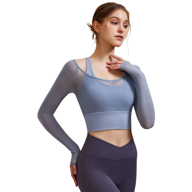 Two light blue mesh fake sport tops and purple high-waisted yoga pants women's slimming quick-drying sweat-inducing set Item Picture