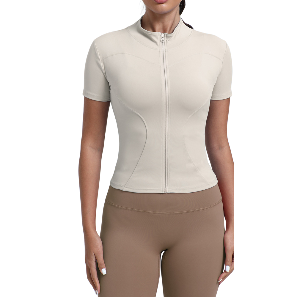 A men's sportswear and casual suit with a beige zipper short-sleeved top and brown skinny pants Item Picture