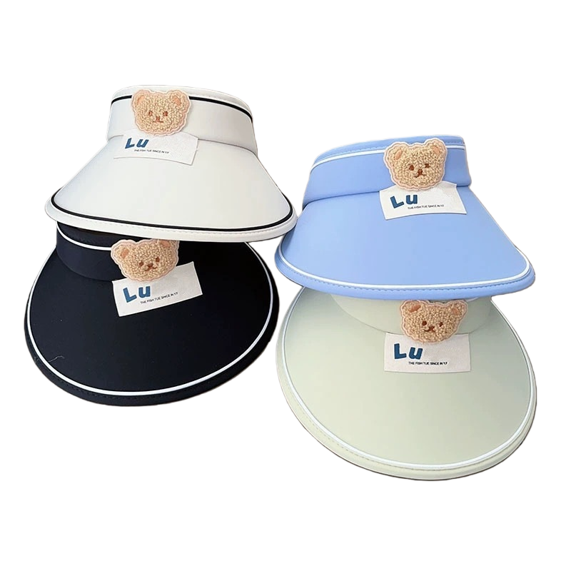 Adult colorful sunshade baseball cap, sun-protective baseball cap, denim cap, white, black, blue, light green four-color plush bear decoration, Lu label Item Picture