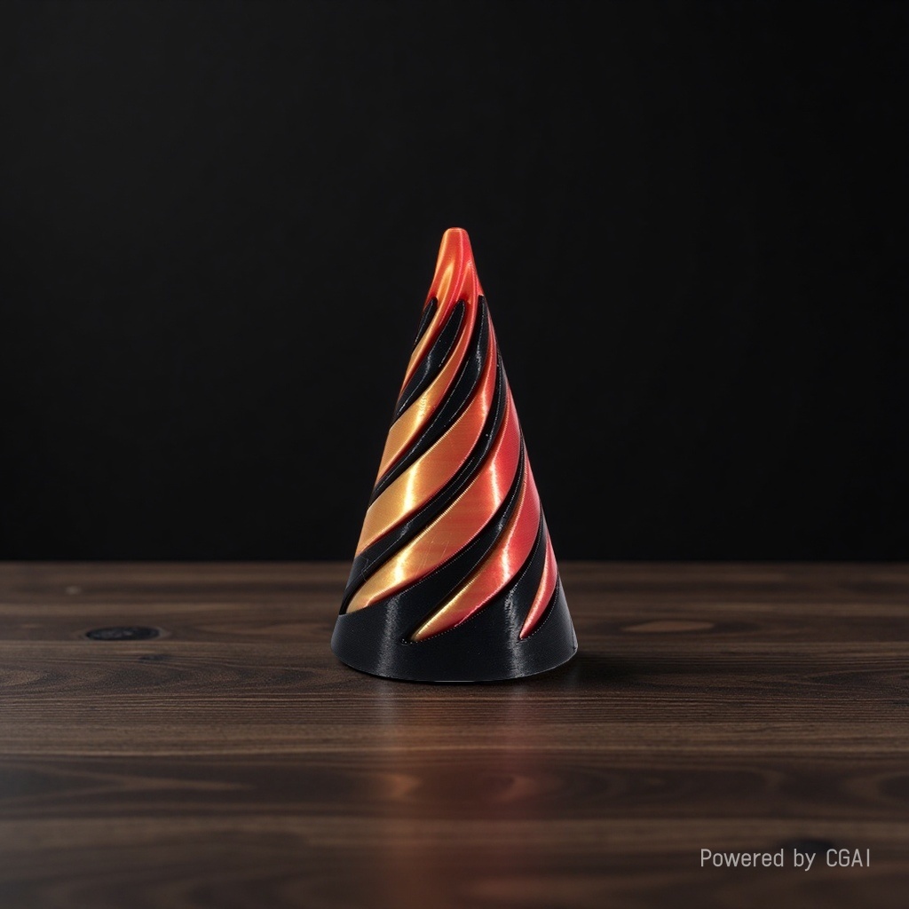 A red, black and gold spiral pattern conical sculpture art piece for modern home decoration details Picture
