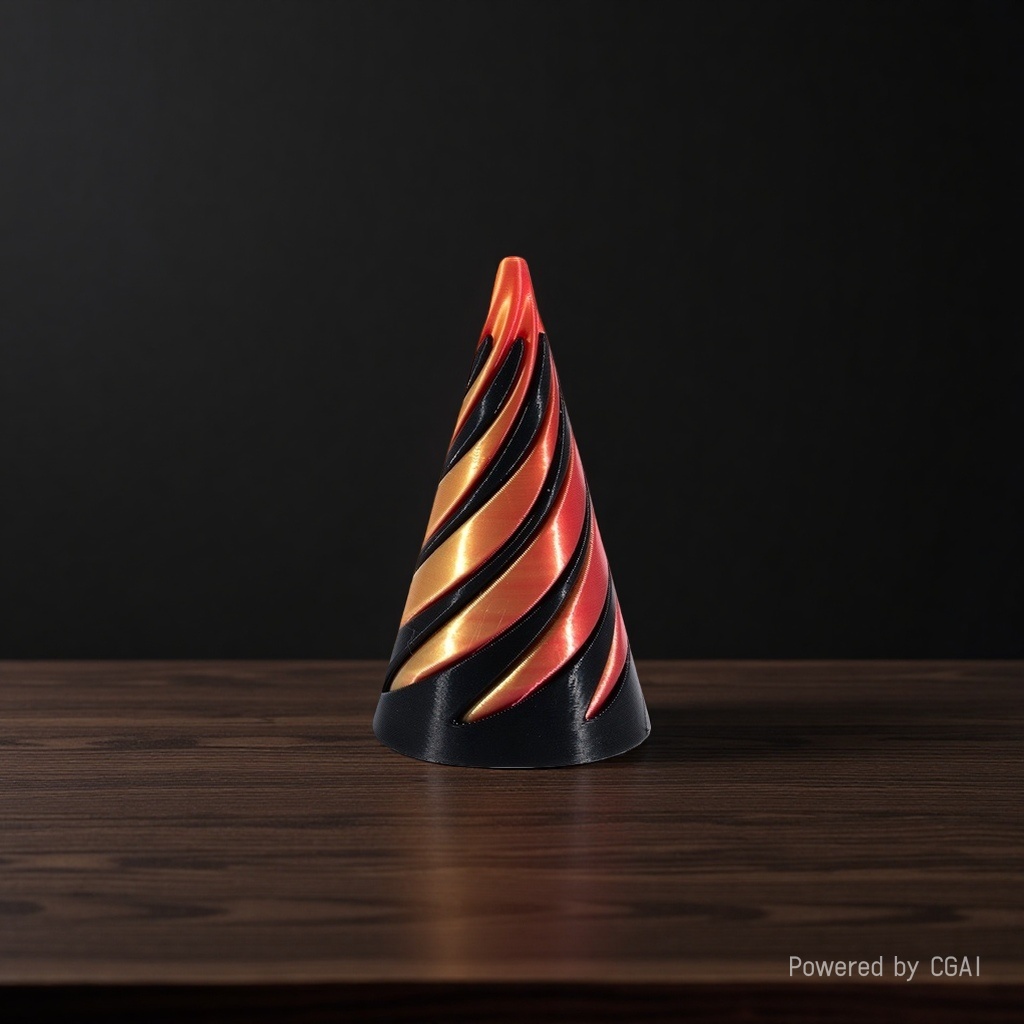 A red, black and gold spiral pattern conical sculpture art piece for modern home decoration Application Scenario