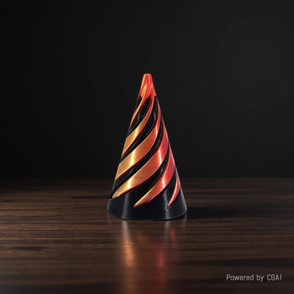 A red, black and gold spiral pattern conical sculpture art piece for modern home decoration Specification image