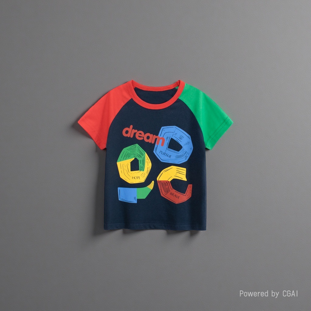 Dark blue color spliced sleeve T-shirt with the words "dream" on the front and geometric patterns of "HOPE PURSUE BRAVE" for children. Short sleeve details Picture