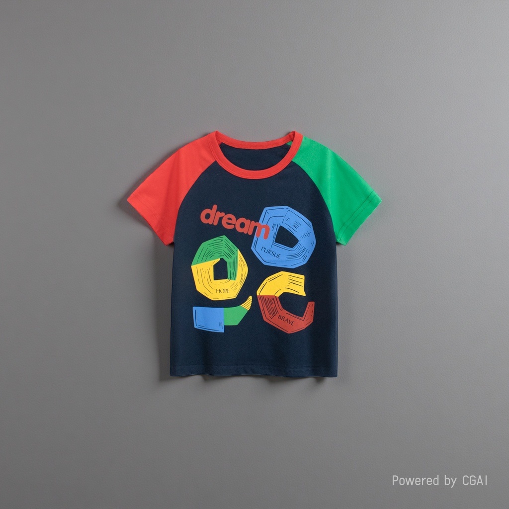 Dark blue color spliced sleeve T-shirt with the words "dream" on the front and geometric patterns of "HOPE PURSUE BRAVE" for children. Short sleeve Application Scenario