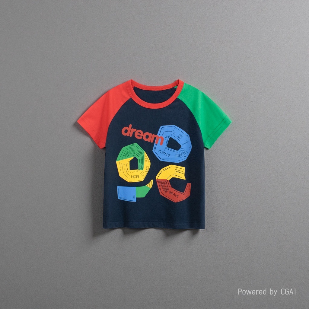 Dark blue color spliced sleeve T-shirt with the words "dream" on the front and geometric patterns of "HOPE PURSUE BRAVE" for children. Short sleeve Specification image