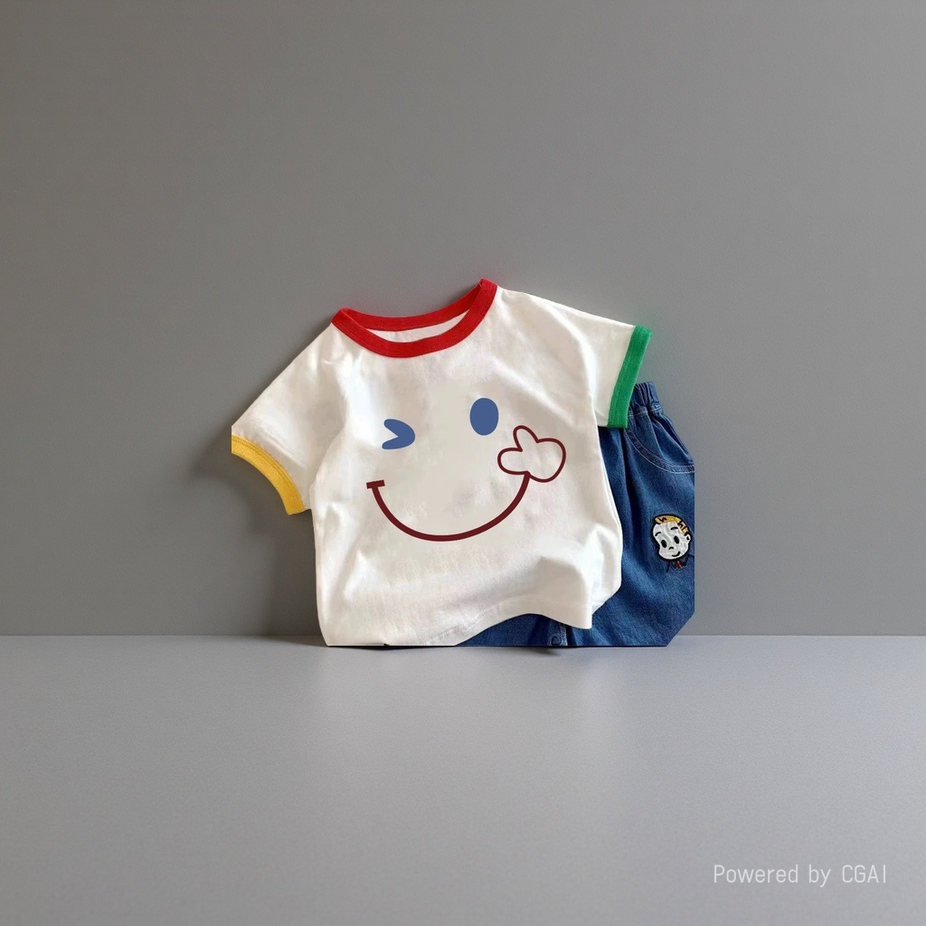 A white T-shirt with a colorful smiling face pattern on the sleeve is paired with blue denim shorts Application Scenario