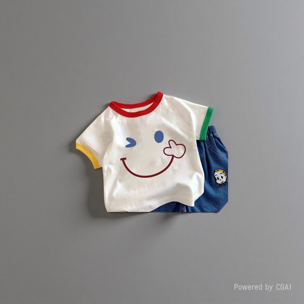 A white T-shirt with a colorful smiling face pattern on the sleeve is paired with blue denim shorts details Picture