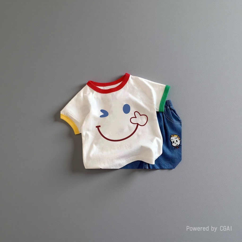 A white T-shirt with a colorful smiling face pattern on the sleeve is paired with blue denim shorts Specification image