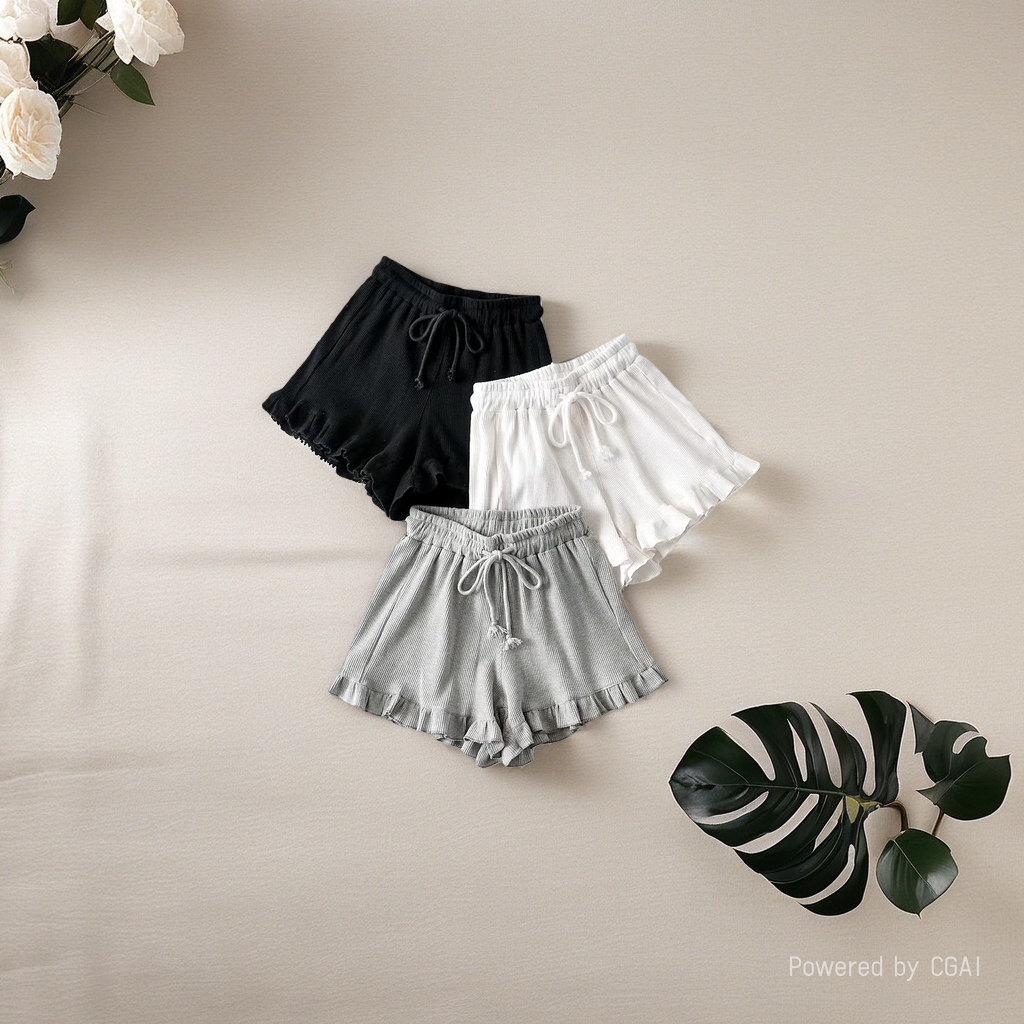 Fashionable, casual and versatile new trend small flower-trimmed waffle shorts 2o24 summer home elastic sports shorts Specification image