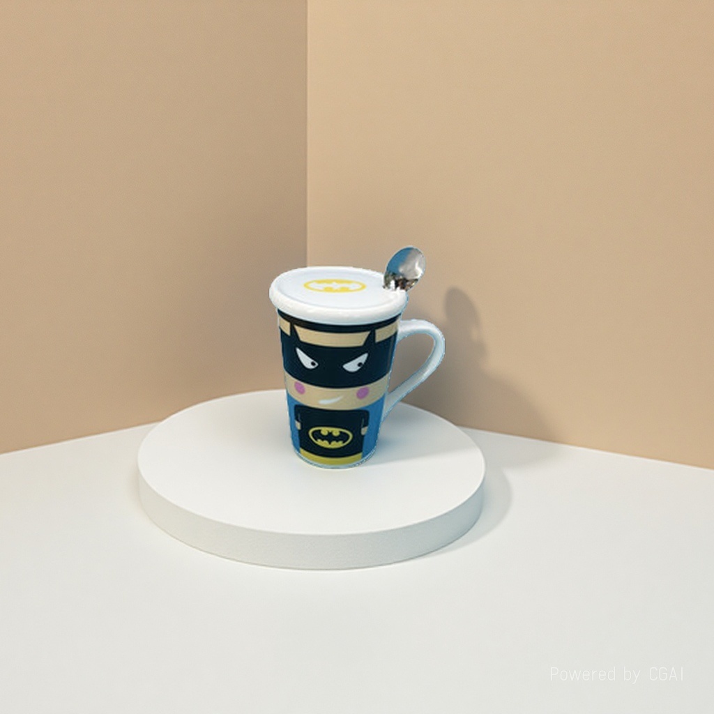蝙蝠侠主题蓝色马克杯带盖配金属勺 白瓷羊脂玉茶壶 建盏大号茶杯