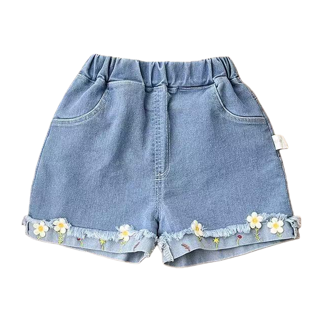 Summer new children's Korean-style stylish flower-embroidered loose girls' shorts are versatile and can be worn over thin denim shorts Item Picture