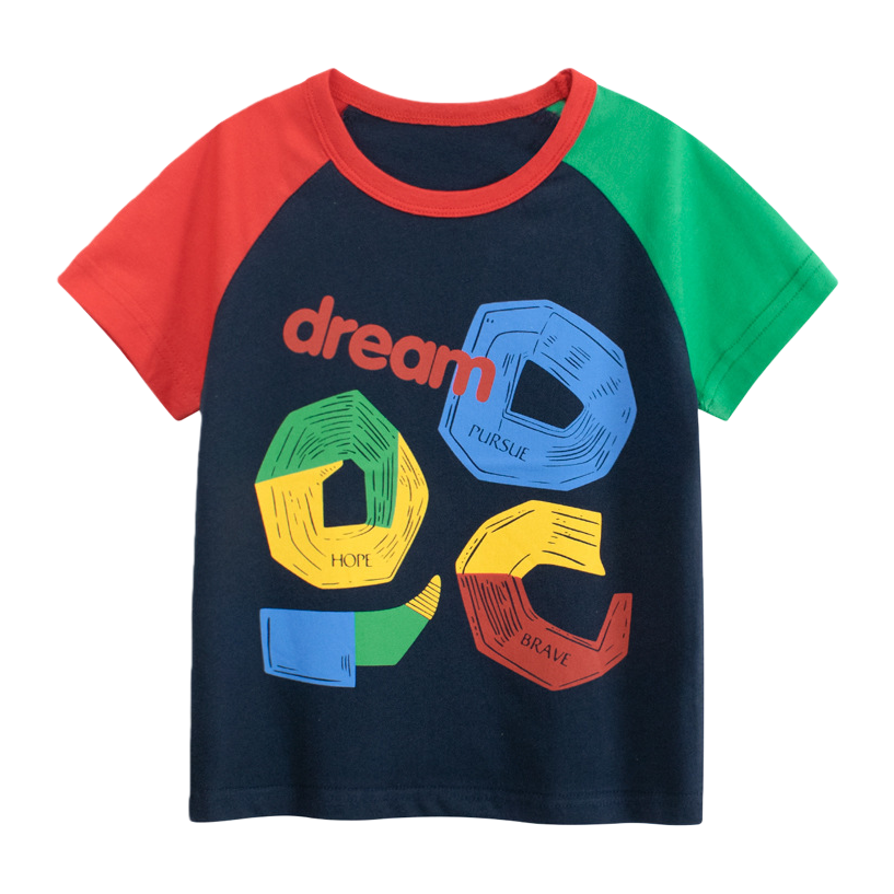 Dark blue color spliced sleeve T-shirt with the words "dream" on the front and geometric patterns of "HOPE PURSUE BRAVE" for children. Short sleeve Item Picture