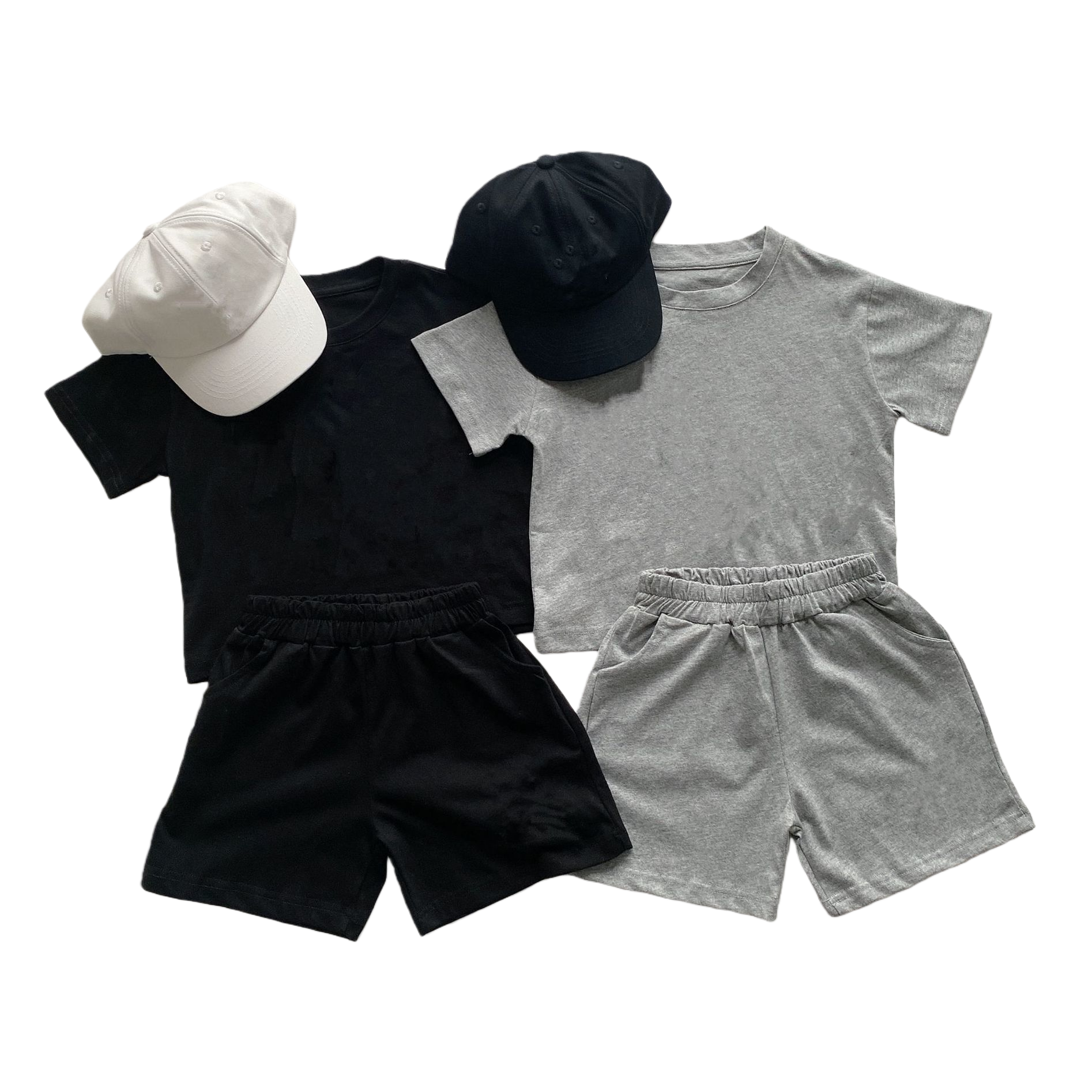 Black, white and grey children's casual set with T-shirt, shorts and baseball cap for girls in summer Item Picture