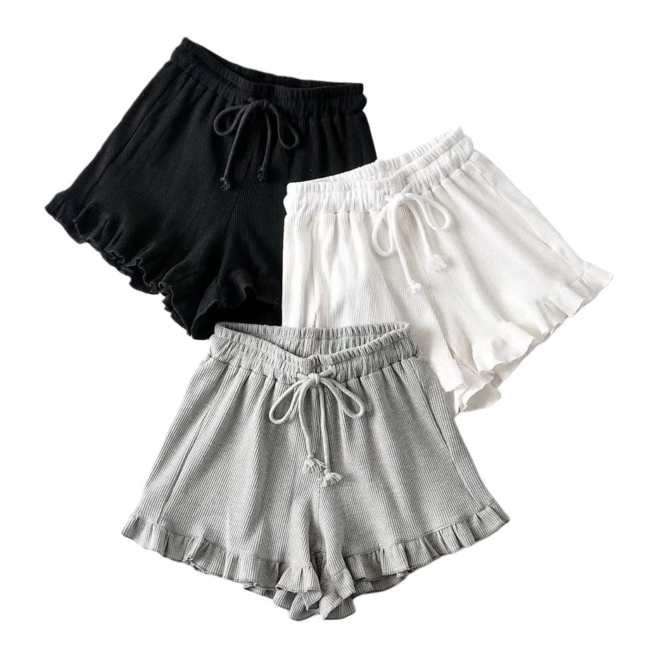 Fashionable, casual and versatile new trend small flower-trimmed waffle shorts 2o24 summer home elastic sports shorts Item Picture