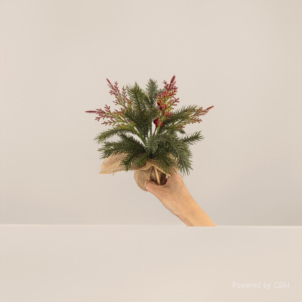 A simulated Christmas tree ornament with green pine branches and red fruits for Christmas scene decoration