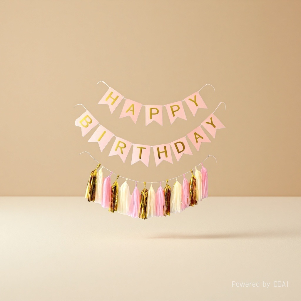 Wholesale of pink birthday greeting flags decorated with gold and pink tassels for festival supplies