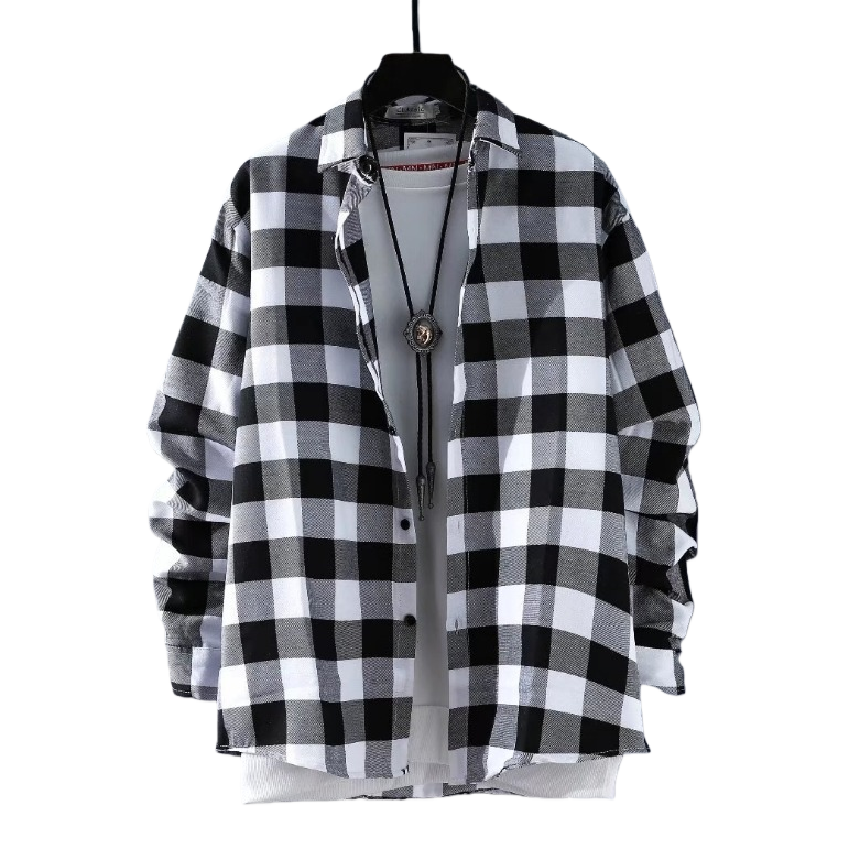 Autumn Japanese black and white checkered long-sleeved shirt, men's design sense, niche retro, Hong Kong-style loose shirt, versatile coat 105123550 Item Picture