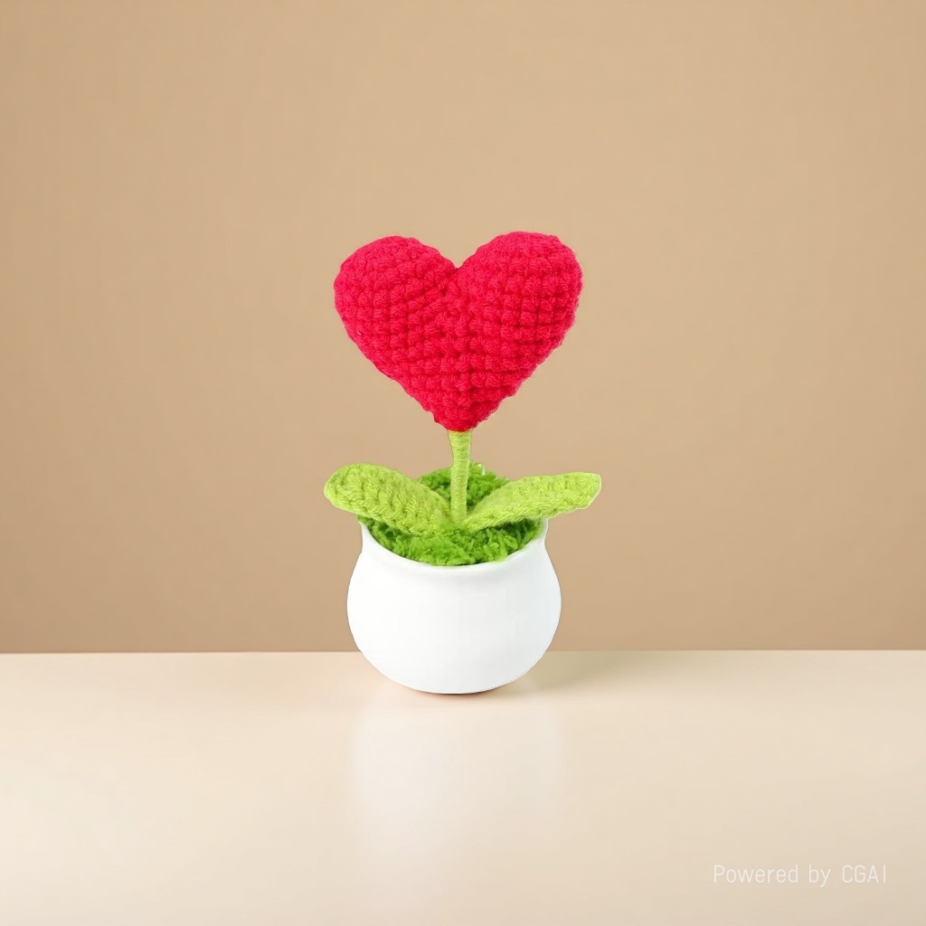 Heart-shaped red crochet heart-shaped flowers with green leaf flowerpots, woolen bouquets, knitted mini flowers, crochet decoration Specification image