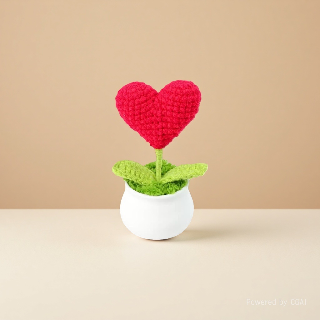 Heart-shaped red crochet heart-shaped flower with green leaf flowerpot, woolen bouquet, knitted mini flower crochet decoration 152325044