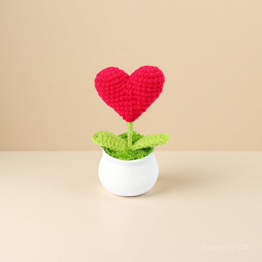 Heart-shaped red crochet heart-shaped flowers with green leaf flowerpots, woolen bouquets, knitted mini flowers, crochet decoration details Picture