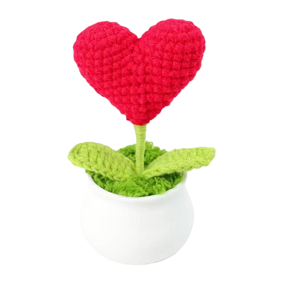 Heart-shaped red crochet heart-shaped flowers with green leaf flowerpots, woolen bouquets, knitted mini flowers, crochet decoration Application Scenario