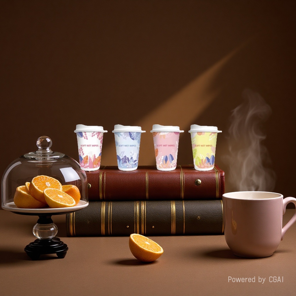 Wet wipes for coffee cups with a white, blue, pink and yellow body and a colorful leaf-shaped bottom