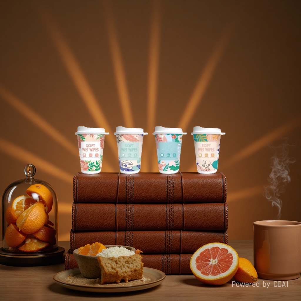 Naranja caliente azul verde amarillo fondo hoja verde taza de café toalla húmeda Application Scenario